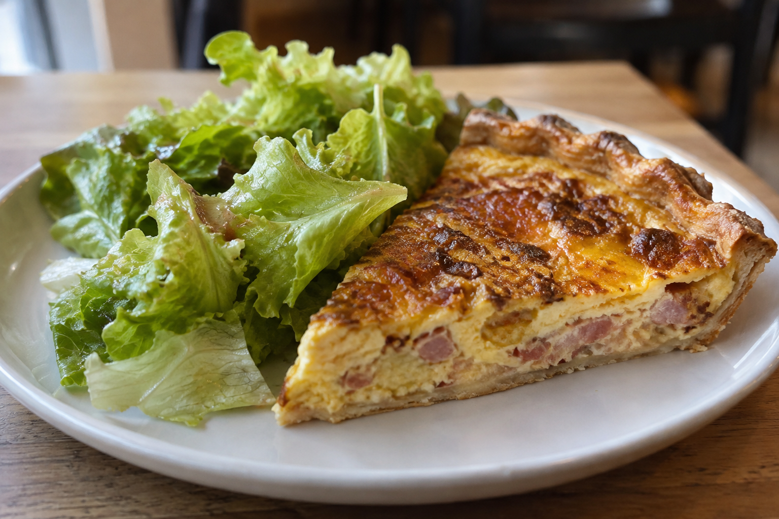 La traditionnelle quiche lorraine sublimée par une salade fraîche et croquante.