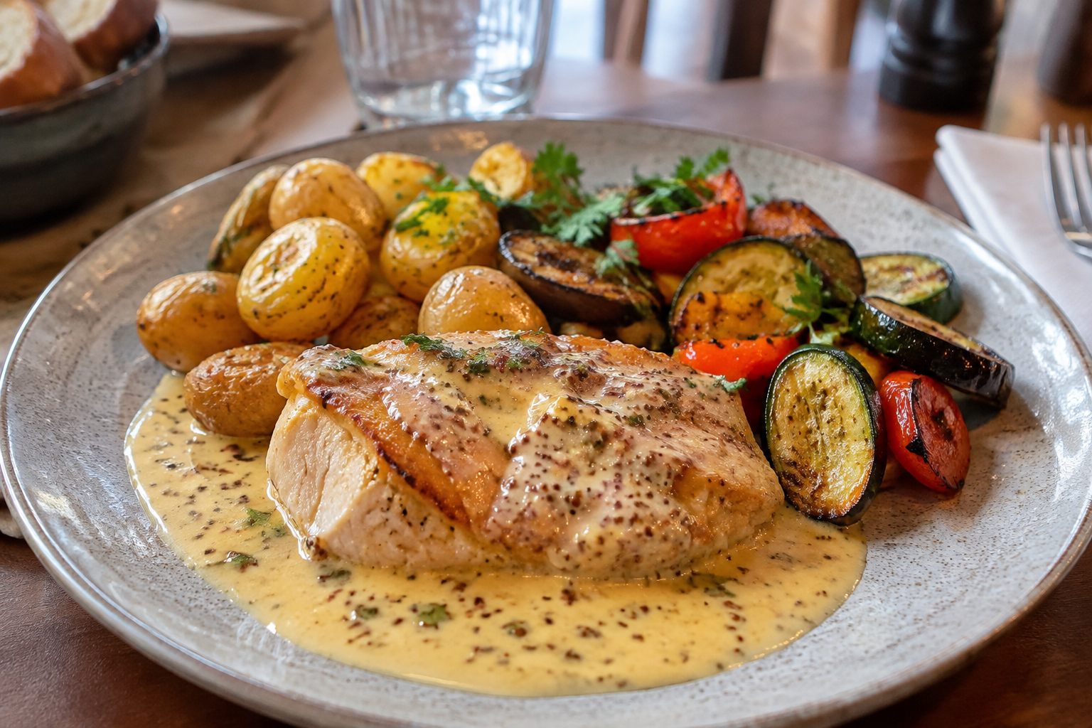 Le tendre suprême de volaille, nappé d’une onctueuse sauce à la moutarde à l’ancienne, accompagné de pommes de terre grenailles délicatement rôties et d’un assortiment de légumes grillés